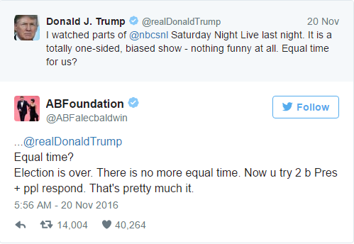 Screen grab of Alec Baldwin's response to President-elect Donald Trump's critique of "Saturday Night Live" Trump sketch.