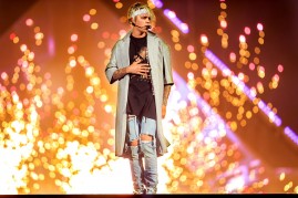 Canadian pop star, Justin Bieber, in his 2016 Purpose World Tour in Los Angeles, California