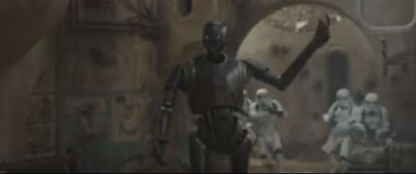 K-2SO is the new droid to watch in the New Rogue One: A Star Wars Story. In this scene K-2SO threw a bomb on a group of Stormtroopers blasting them afterwards.