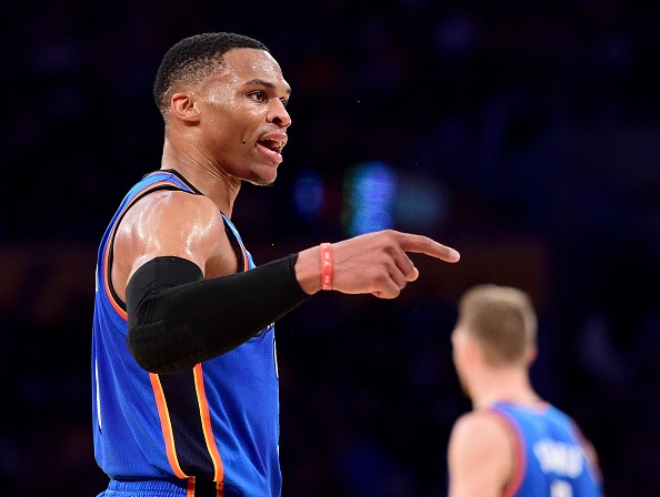 Russell Westbrook #0 of the Oklahoma City Thunder calls for a foul during the first half against the Los Angeles Lakers at Staples Center on November 22, 2016 in Los Angeles, California.