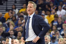 Head coach Steve Kerr of the Golden State Warriors looks on against the Los Angeles Lakers in the first half of their NBA basketball game at ORACLE Arena on November 23, 2016 in Oakland, California. 