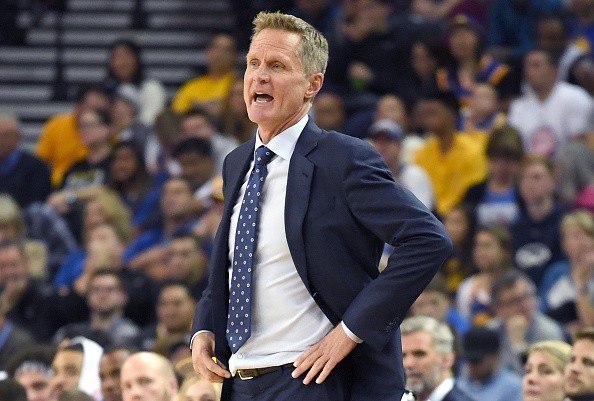 Head coach Steve Kerr of the Golden State Warriors looks on against the Los Angeles Lakers in the first half of their NBA basketball game at ORACLE Arena on November 23, 2016 in Oakland, California. 