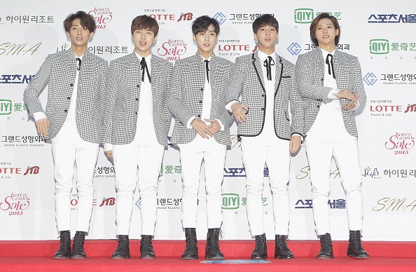 B1A4 arrive the 24th Seoul Music Awards at the Olympic Park on January 22, 2015 in Seoul, South Korea.