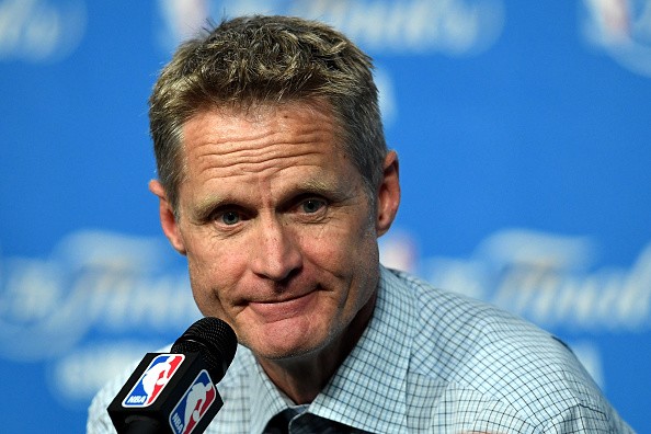 Head coach Steve Kerr of the Golden State Warriors speaks to the media after being defeated by the Cleveland Cavaliers in Game 6 of the 2016 NBA Finals at Quicken Loans Arena on June 16, 2016 in Cleveland, Ohio.
