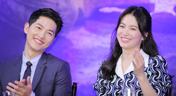 Song Joong-ki and Song Hye-kyo attend the KBS 2TV drama 'Descendants of the Sun' press conference at Imperial Palace on February 22, 2016 in Seoul, South Korea.