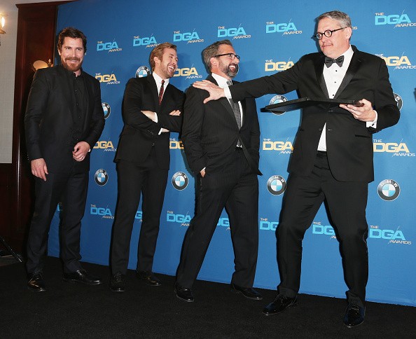 Actors Christian Bale, Ryan Gosling, Steve Carell, and director Adam McKay posed in the press room during the 68th Annual Directors Guild Of America Awards at the Hyatt Regency Century Plaza on Feb. 6 in Los Angeles, California.