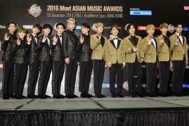KPop group Seventeen during the Mnet Asian Music Awards (MAMA) at Asia-World Expo in Hong Kong.