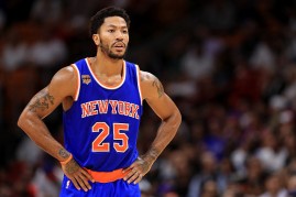 Derrick Rose #25 of the New York Knicks looks on during a game against the Miami Heat at American Airlines Arena on December 6, 2016 in Miami, Florida. 