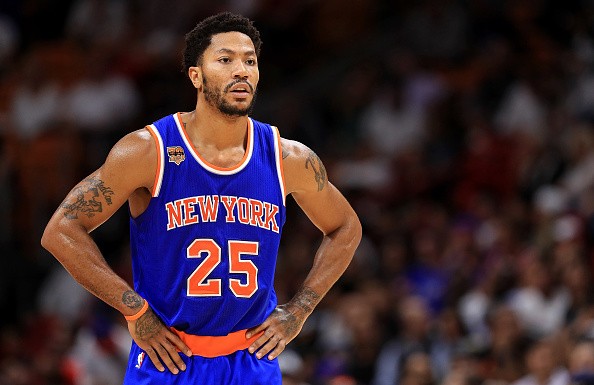 Derrick Rose #25 of the New York Knicks looks on during a game against the Miami Heat at American Airlines Arena on December 6, 2016 in Miami, Florida. 