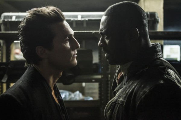 Matthew McConaughey (left) and Idris Alba (right) seen facing off in a released image for the upcoming "The Dark Tower" film.