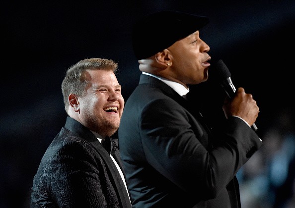 Actor James Corden and host LL Cool J were onstage during The 58th GRAMMY Awards at Staples Center on Feb. 15 in Los Angeles, California.