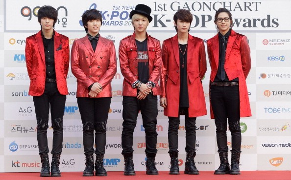 B1A4 members pose upon their arrival at the 1st Gaon Chart K-POP Awards.