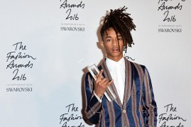 Jaden Smith poses in the winners room after winning the New Fashion Icon Award at The Fashion Awards 2016