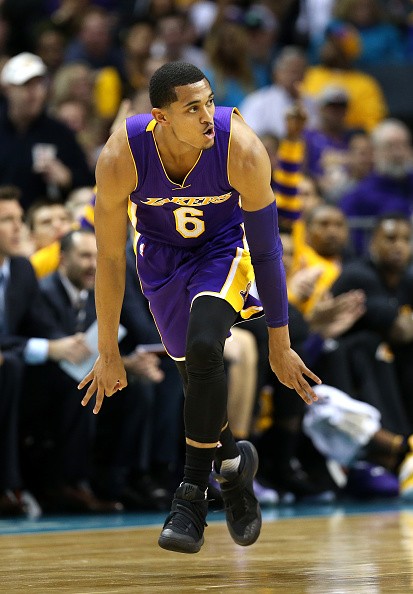 Jordan Clarkson #6 of the Los Angeles Lakers reacts after making a shot.