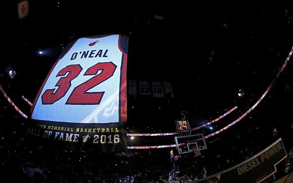 Shaquille O'Neal has his number retired during a game between the Miami Heat and the Los Angeles Lakers at American Airlines Arena on December 22, 2016 in Miami, Florida