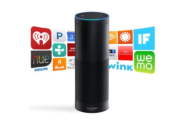 The image shows the Amazon Echo device.