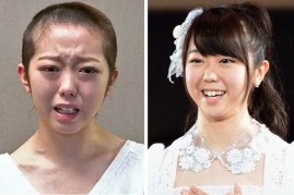 Minami Minegishi, a member of all girl pop group AKB48 with her hair cut off