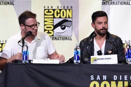 Actor/writer Seth Rogen (L) and actor Dominic Cooper attend AMC's 'Preacher' panel during Comic-Con international at San Diego Convention Center on July 22, 2016 in San Diego, California.