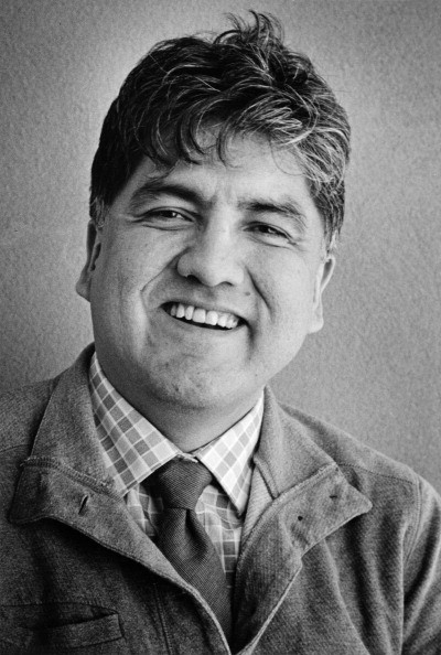 Portrait of Native American author Sherman Alexie smiled at Santa Fe, New Mexico, 2014. 