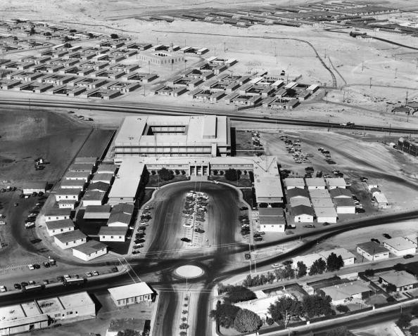 An aerial view of the offices of the Arabian American Oil Company (Aramco, now Saudi Aramco) in Dhahran, Saudi Arabia, circa 1955. 