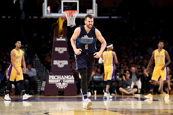 Andrew Bogut #6 of the Dallas Mavericks reacts to scoring during the second half of a game against the Los Angeles Lakers at Staples Center on November 8, 2016 in Los Angeles, California.