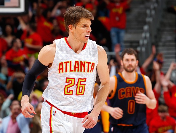 Kyle Korver #26 of the Atlanta Hawks reacts after hitting a three-point basket against the Cleveland Cavaliers in Game Three of the Eastern Conference Semifinals during the 2016 NBA Playoffs at Philips Arena on May 6, 2016 in Atlanta, Georgia.