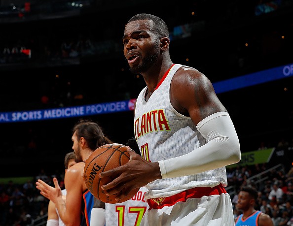 Paul Millsap #4 of the Atlanta Hawks reacts to the referees during the game against the Oklahoma City Thunder at Philips Arena on December 5, 2016 in Atlanta, Georgia. 
