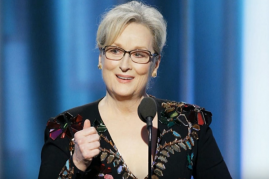 Meryl Streep shown during her Golden Globes speech in a live interview with Dana White slamming the actress for her remarks against MMA. 