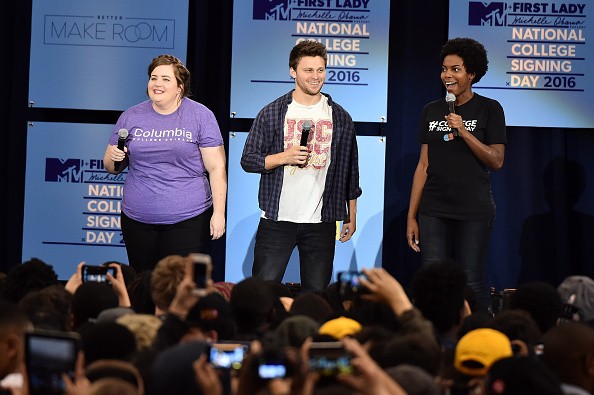 SNL cast Aidy Bryant, Jon Rudnitsky, and Sasheer Zamata spoke onstage at the 3rd Annual College Signing Day at the Harlem Armory on April 26, 2016 in New York City. 