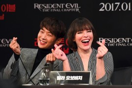 Actors Milla Jovovich (Right) and South Korean actor Lee Jun Ki (Left) during a press conference for their upcoming film 'Resident Evil: The Final Chapter' at a hotel in Seoul.