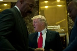 President-elect Donald Trump speaks to reporters after his meeting with television personality Steve Harvey at Trump Tower, January 13, 2017 in New York City. 