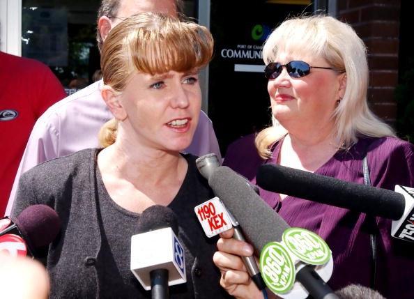 Former Olympic figure skater Tonya Harding spoke to reporters about her sentencing, as she exited the Camus/Washougal Municipal Court on August 8, 2002 in Camus, Washington. 