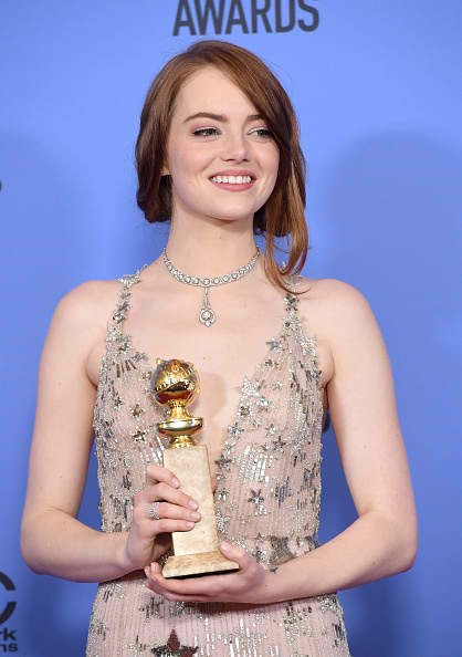 Actress Emma Stone, winner of Best Actress in a Motion Picture - Musical or Comedy for “La La Land,” posed in the press room during the 74th Annual Golden Globe Awards at The Beverly Hilton Hotel on Jan. 8 in Beverly Hills, California. 