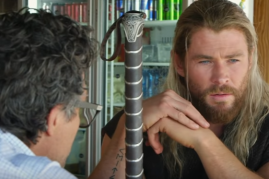 Chris Hemsworth as Thor talks to Mark Ruffalo in a spoof video for 