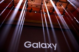 A Samsung Galaxy logo is displayed on a screen prior to the start of a launch event for the Samsung Galaxy Note 7 at the Hammerstein Ballroom, August 2, 2016 in New York City