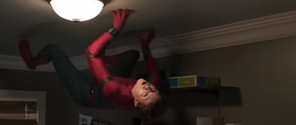 Tom Holland as Peter Parker crawls on the ceiling in a scene from "Spider-Man: Homecoming."