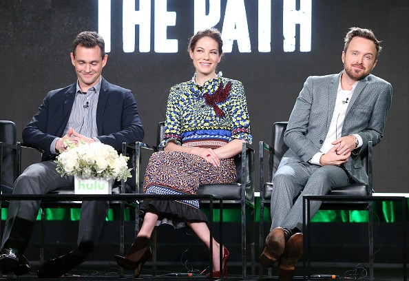 Actors Hugh Dancy, Michelle Monaghan, and Aaron Paul of Hulu's Original Series "The Path" spoke onstage during Hulu's 2017 Winter TCA Tour at Langham Hotel on Jan. 7 in Pasadena, California. 