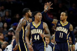 Indiana Pacers players (from L to R) Paul George, Jeff Teague, and Monta Ellis
