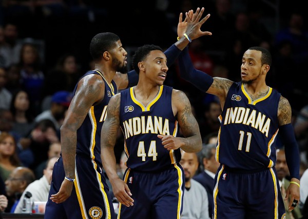 Indiana Pacers players (from L to R) Paul George, Jeff Teague, and Monta Ellis