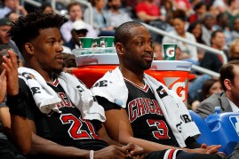 Chicago Bulls players Jimmy Butler (L) and Dwyane Wade