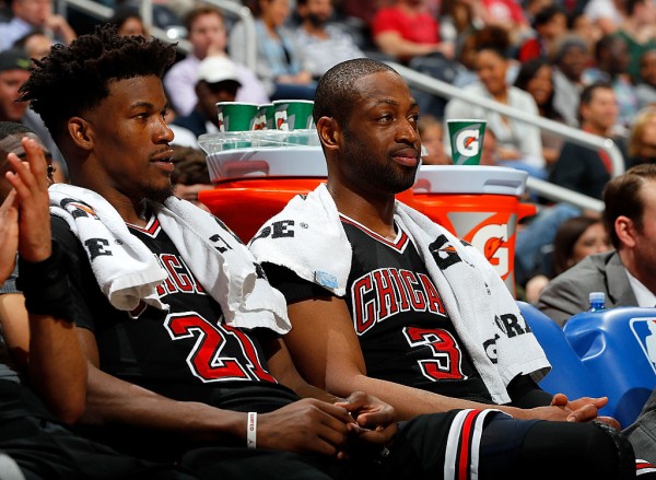 Chicago Bulls players Jimmy Butler (L) and Dwyane Wade