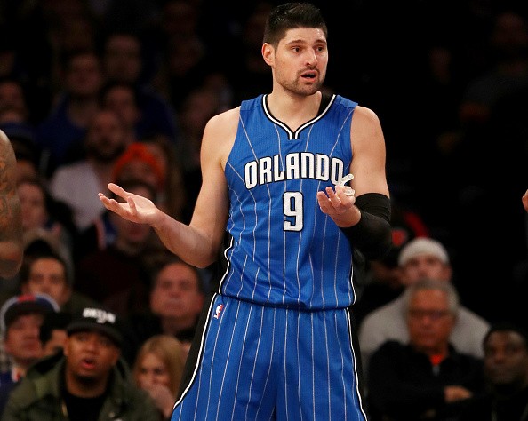 Nikola Vucevic #9 of the Orlando Magic reacts after a foul is called against him in the first half against the New York Knicks at Madison Square Garden on January 2, 2017 in New York City.  