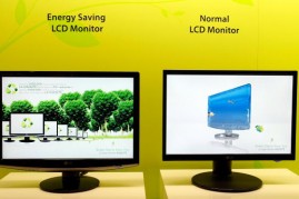 An LG Electronics energy-saving W2252TE monitor is displayed next to another monitor that uses to more power at the 2009 International Consumer Electronics Show at the Las Vegas Convention Center January 9, 2009 in Las Vegas, Nevada