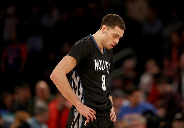 Zach LaVine #8 of the Minnesota Timberwolves reacts to the loss to the New York Knicks at Madison Square Garden on December 2, 2016 in New York City