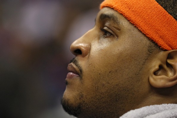 Carmelo Anthony #7 of the New York Knicks looks on against the Washington Wizards during the second half at Verizon Center on January 31, 2017 in Washington, DC. 