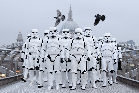 People dressed as Stormtroopers from the Star Wars franchise of films posed on the Millennium Bridge to promote the latest release in the series, “Rogue One,” on Dec. 15, 2016 in London, England. 