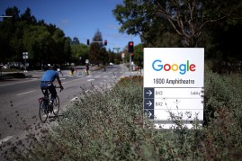 The new Google logo is displayed on a sign outside of the Google headquarters on September 2, 2015 in Mountain View, California. 