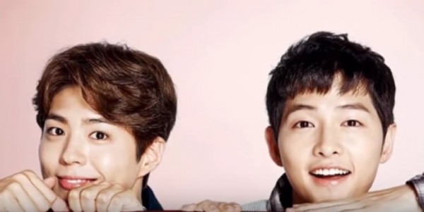 Label mates Park Bo Gum and Song Joong Ki during their Domino Pizza CF commercial