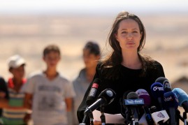  US actress and UNHCR special envoy and Goodwill Ambassador Angelina Jolie speaks during a press conference at Al- Azraq camp for Syrian refugees on September 9, 2016, in Azraq, Jordan. 