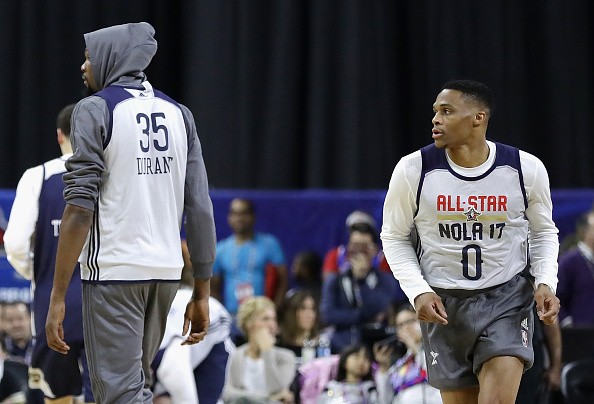 Kevin Durant (L) and Russell Westbrook attend practice for the 2017 NBA All-Star Game at the Mercedes-Benz Superdome on Feb.  18, 2017 in New Orleans, Louisiana. 